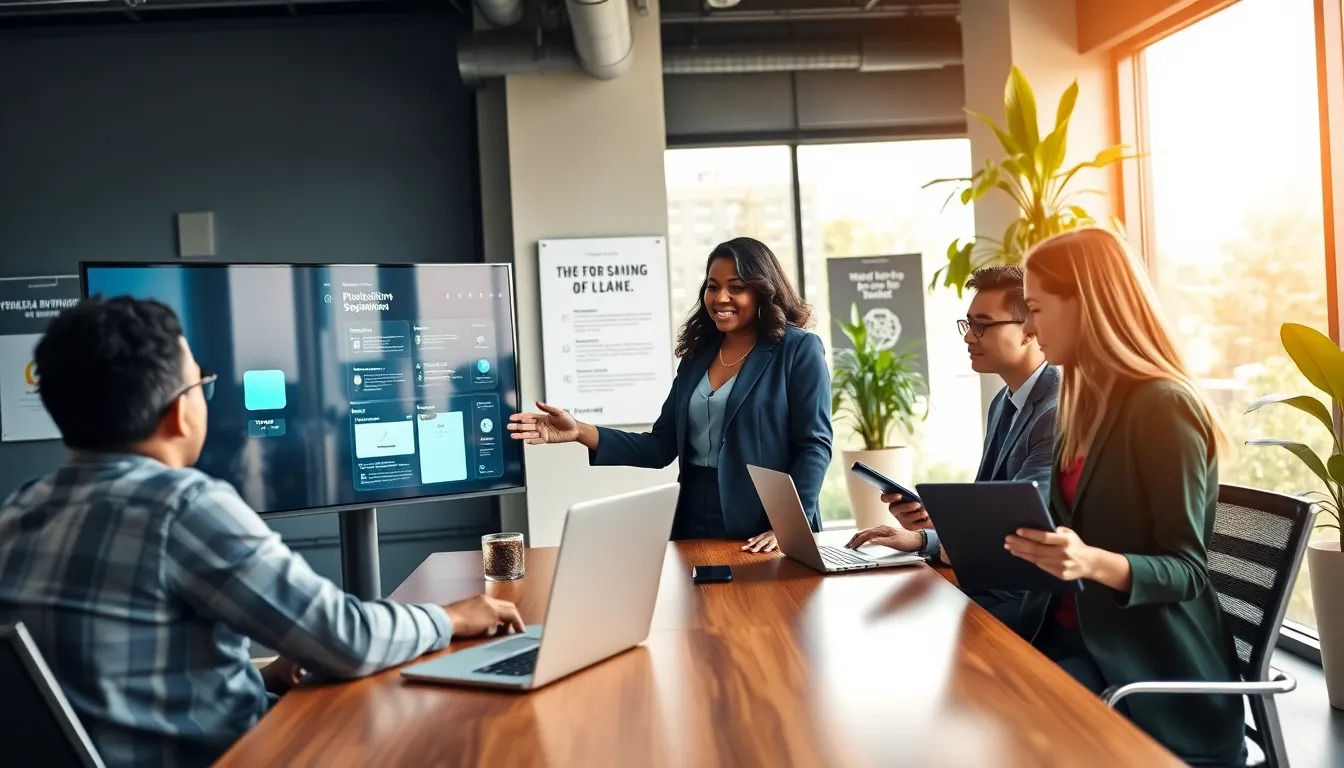 a diverse team collaborating in a modern office on innovative technology solutions.