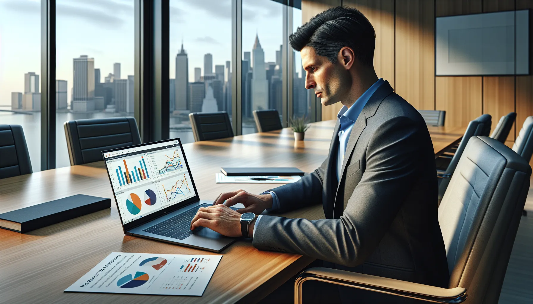 Analyst exporting a Microsoft Power BI dashboard to PDF in a corporate meeting room.