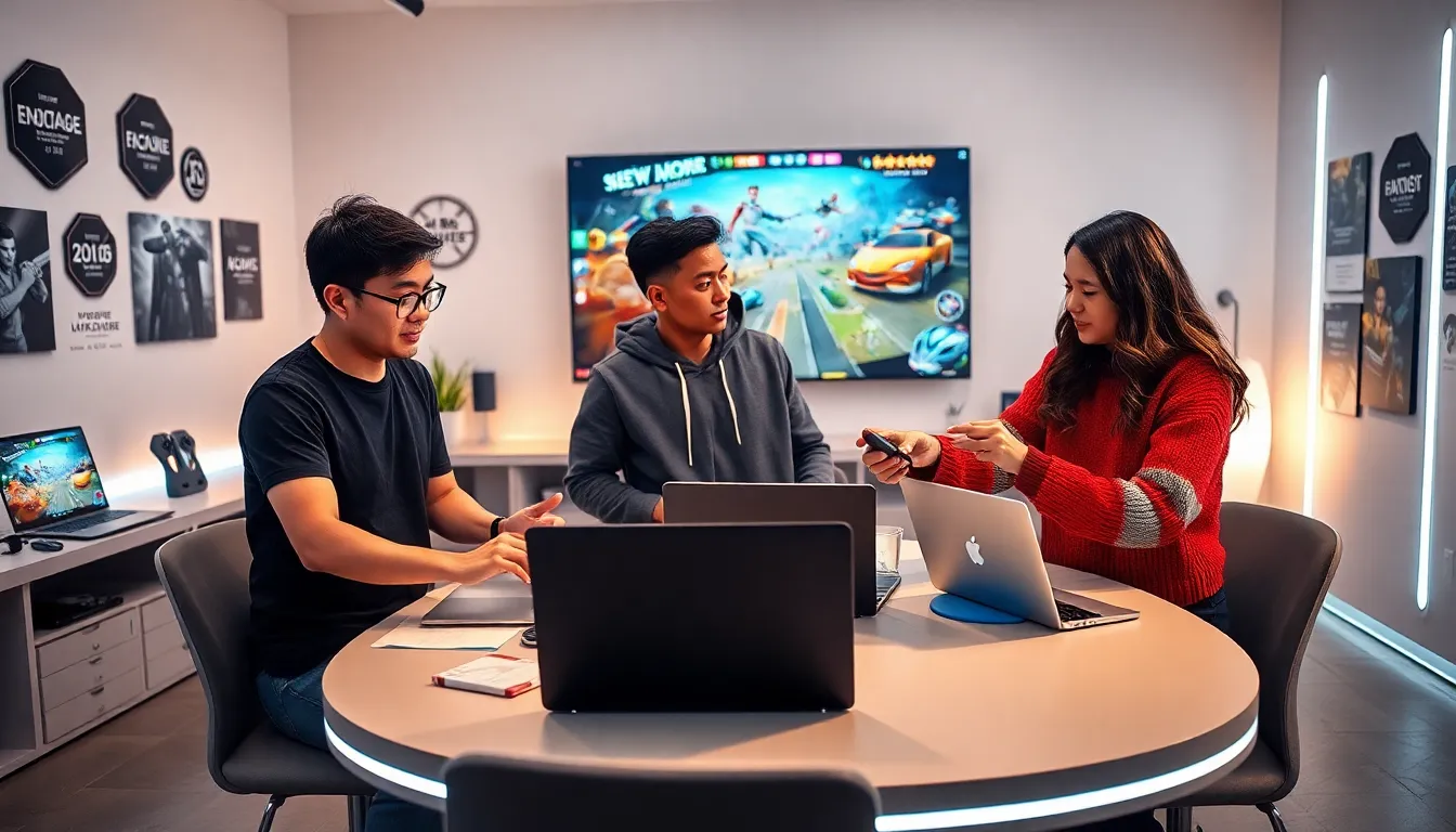 game developers collaborating in a modern tech workspace.