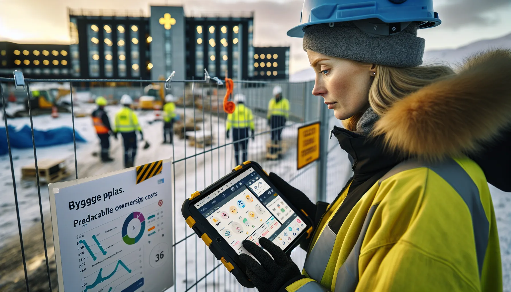 De beste verktøyene for prosjektstyring i byggebransjen 3 Norwegian site manager reviews integrated construction dashboards on a tablet onsite.