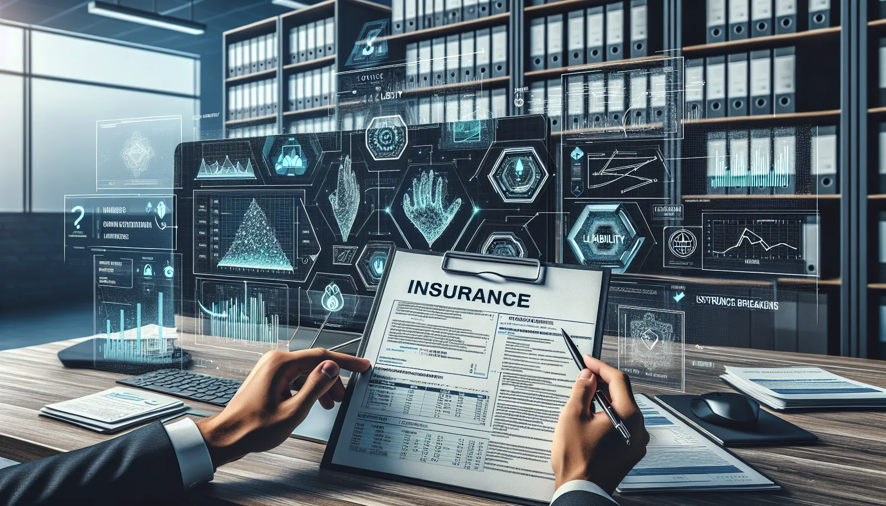 An office setup featuring comparative insurance documents and analysis tools.