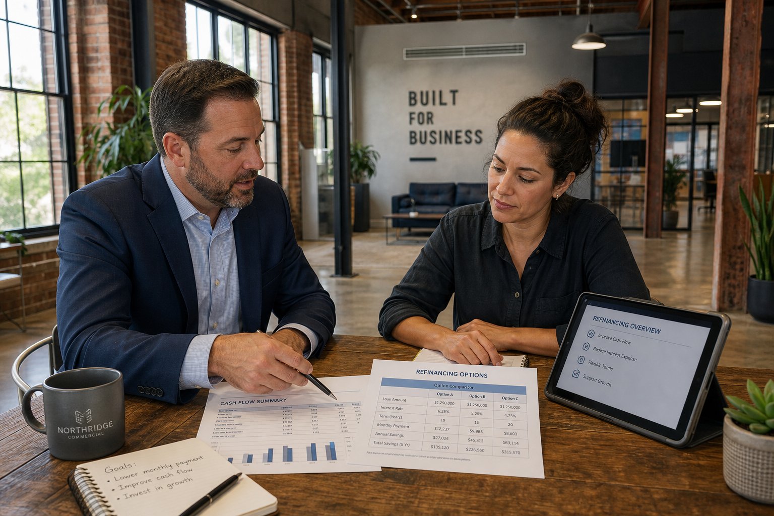 Broker and business owner reviewing refinancing paperwork in a warehouse-style office.