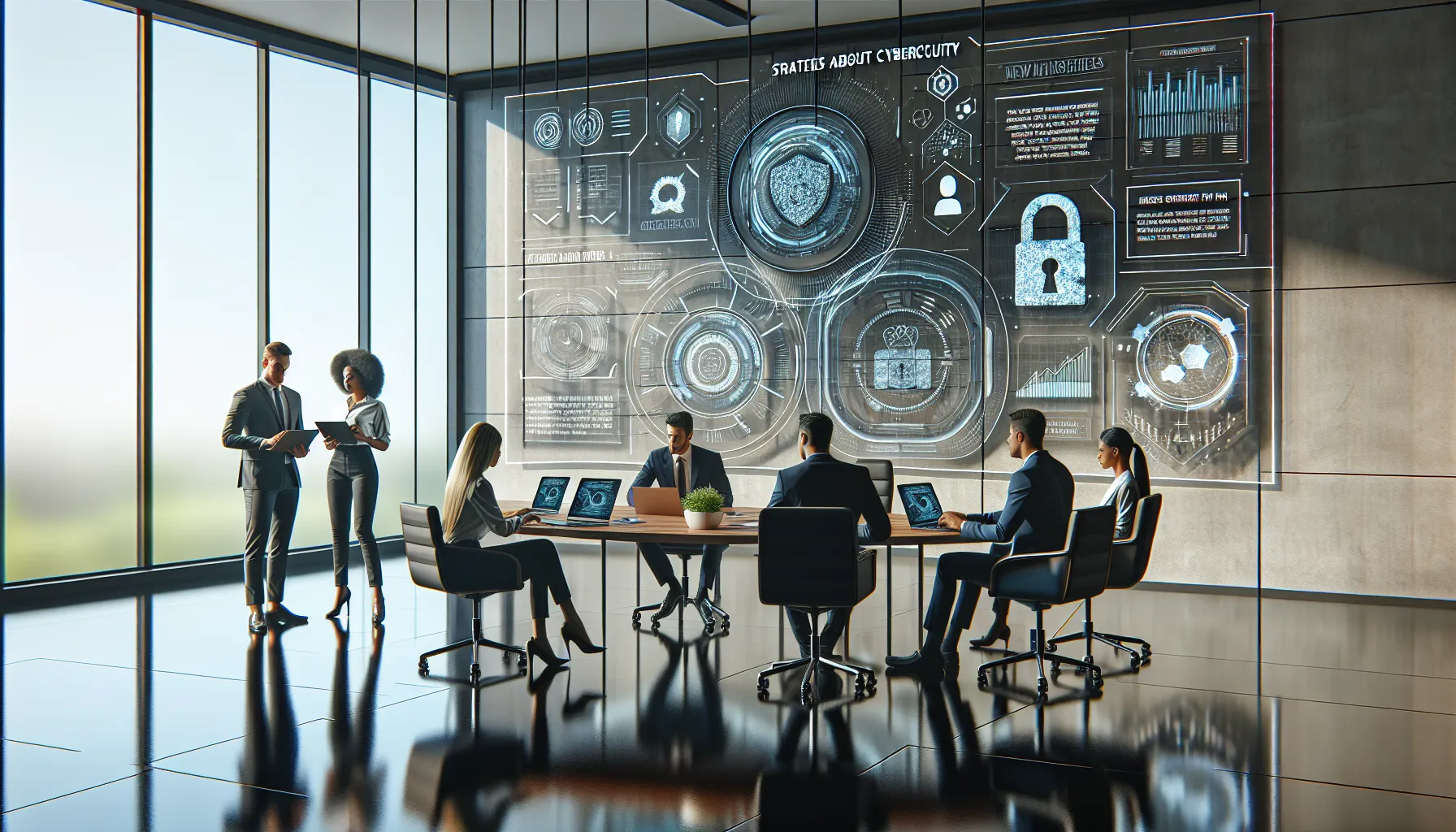 diverse team discussing cybersecurity trends in a modern office.