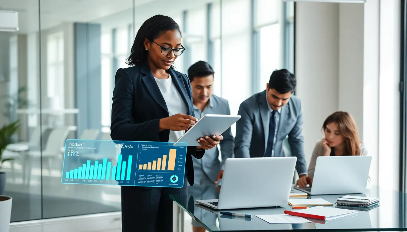 Diverse product management team collaborating in a modern office.