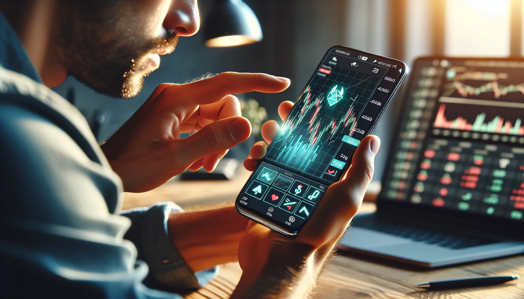 Investor reviewing Floki Inu cryptocurrency trading options on smartphone screen in home office.