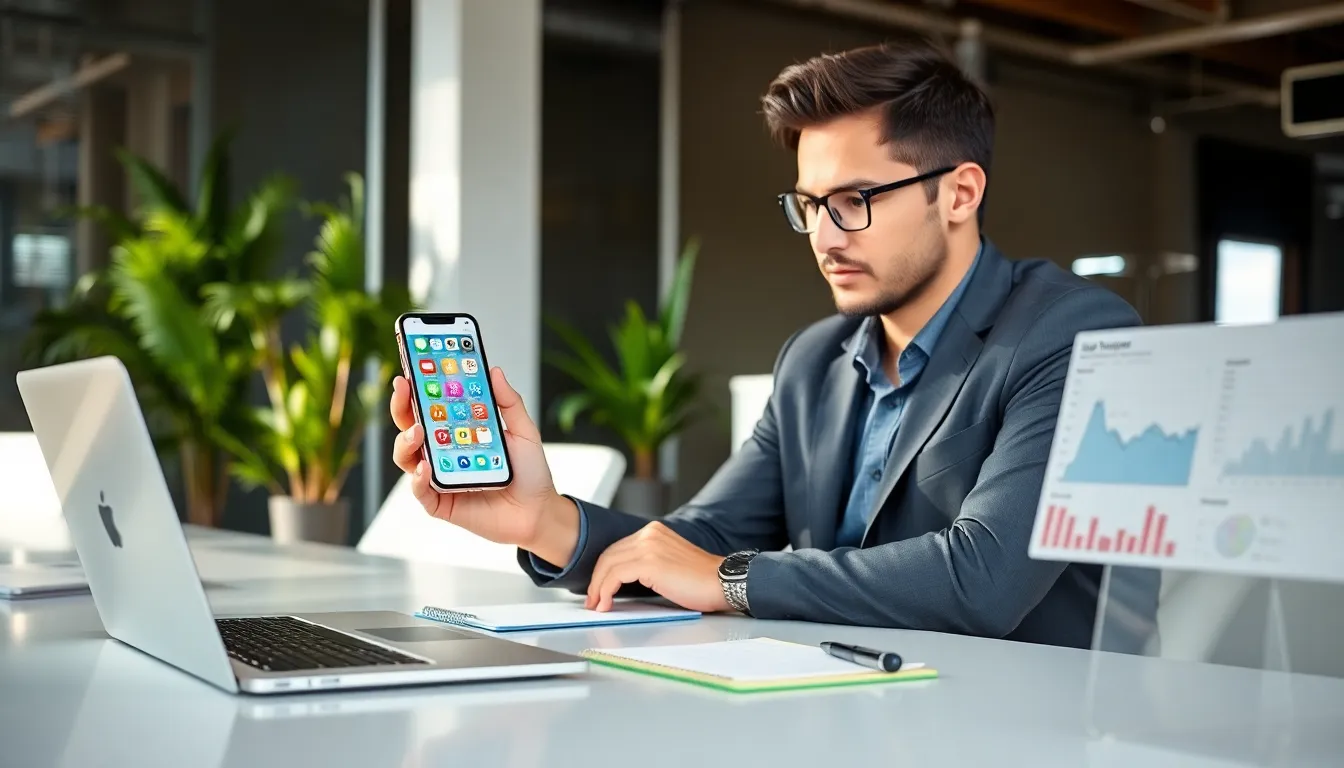 person using an iPhone to refresh apps in a modern office setting.