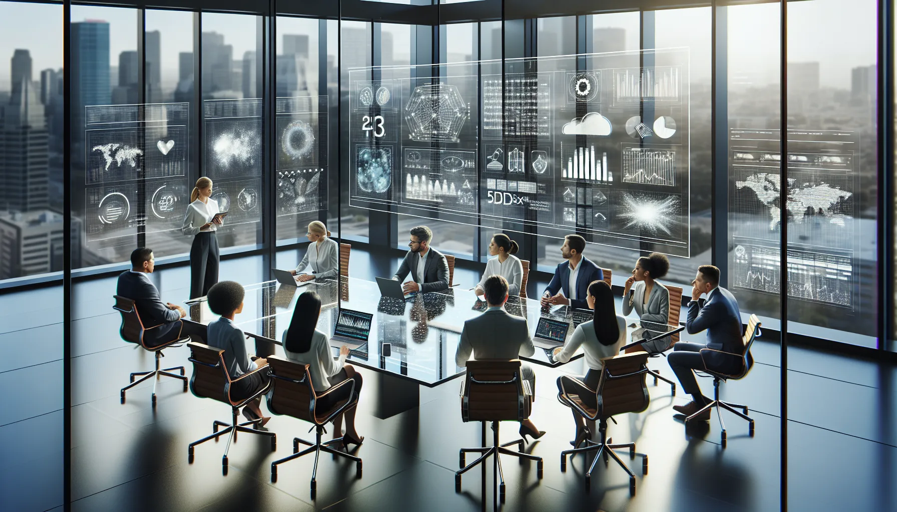 diverse team discussing 5D35X technology in a modern office.