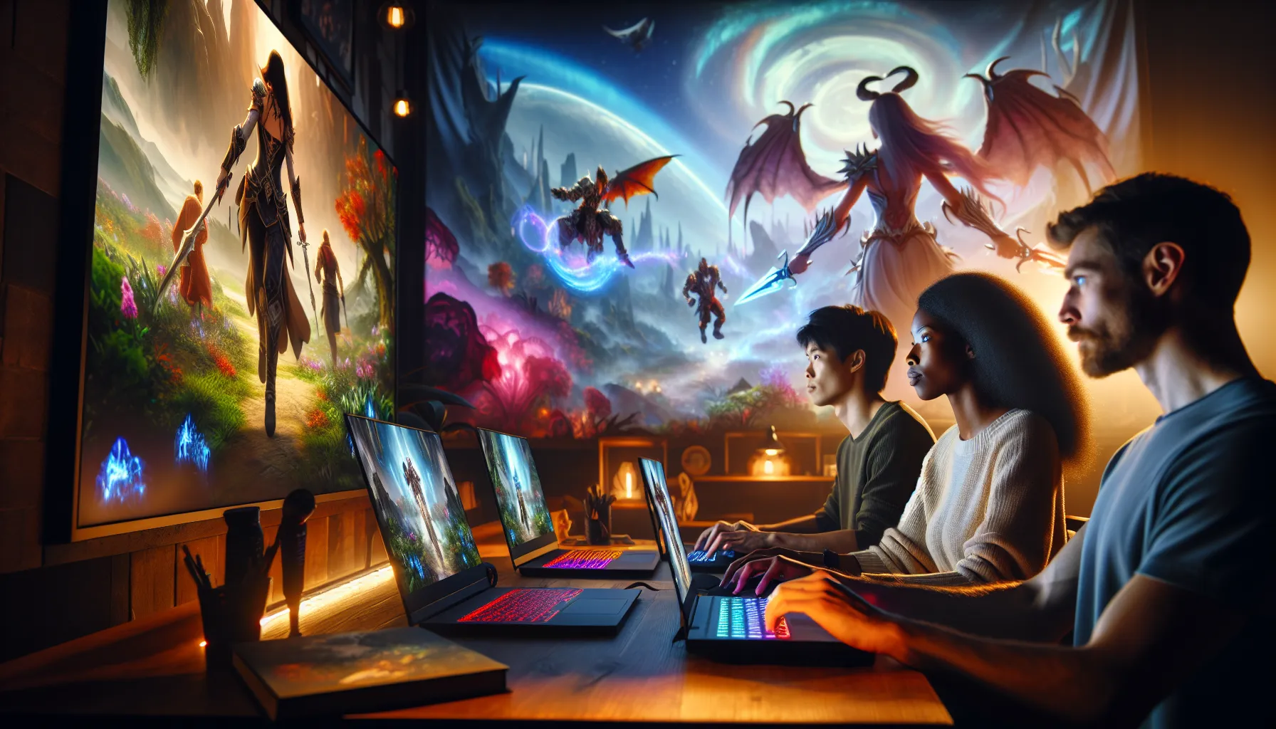 diverse gamers immersed in the Darkwarfall gaming experience.