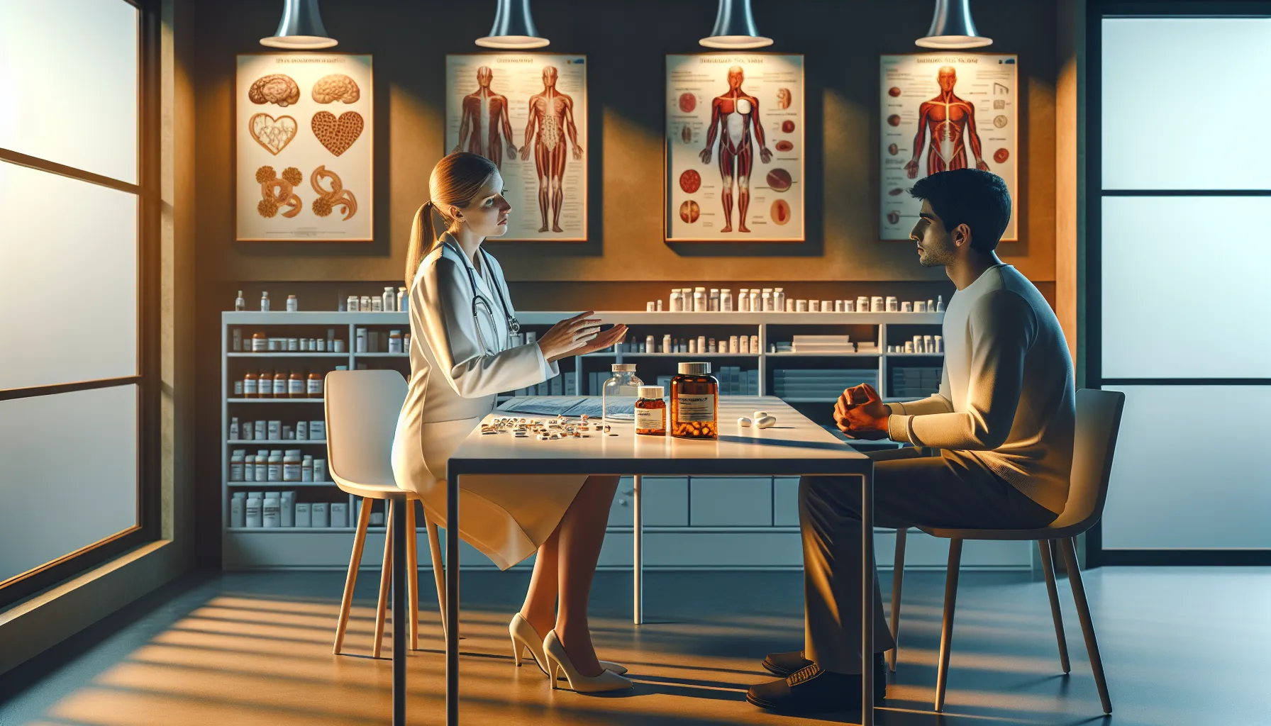 A doctor consulting a patient about medication safety in a healthcare setting.