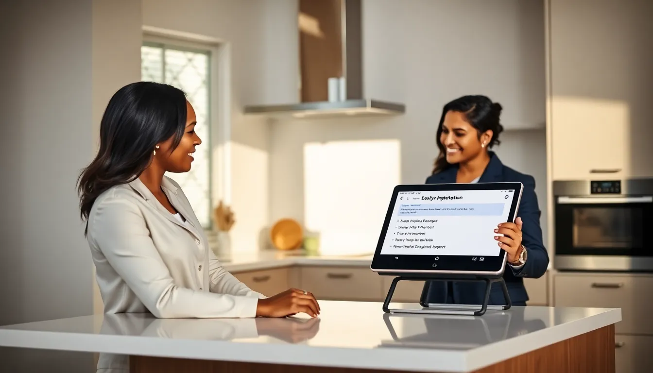 diverse couple registering GE products on a tablet in a modern kitchen.