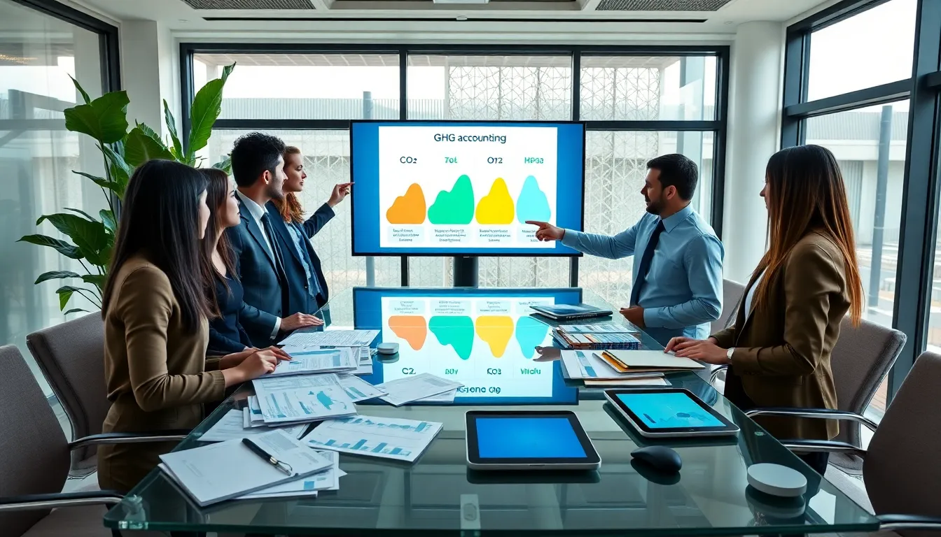 diverse team discussing greenhouse gas accounting in a modern office.