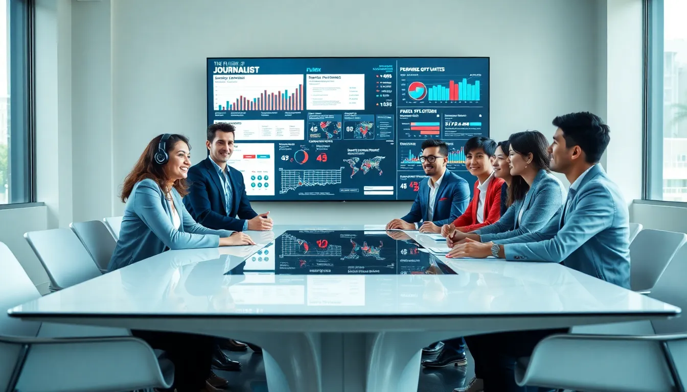 diverse young professionals discussing the future of journalism in a modern office.