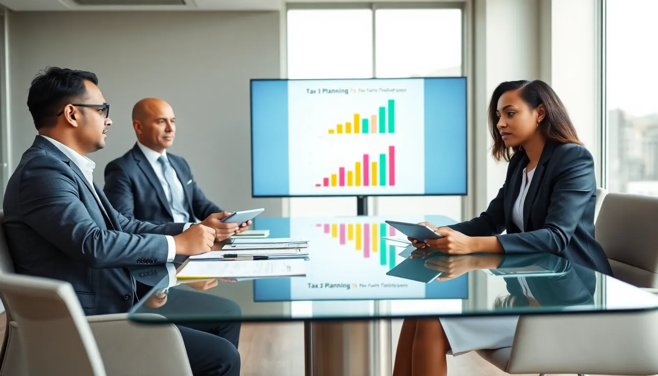 diverse team discussing tax planning strategies in a modern office.