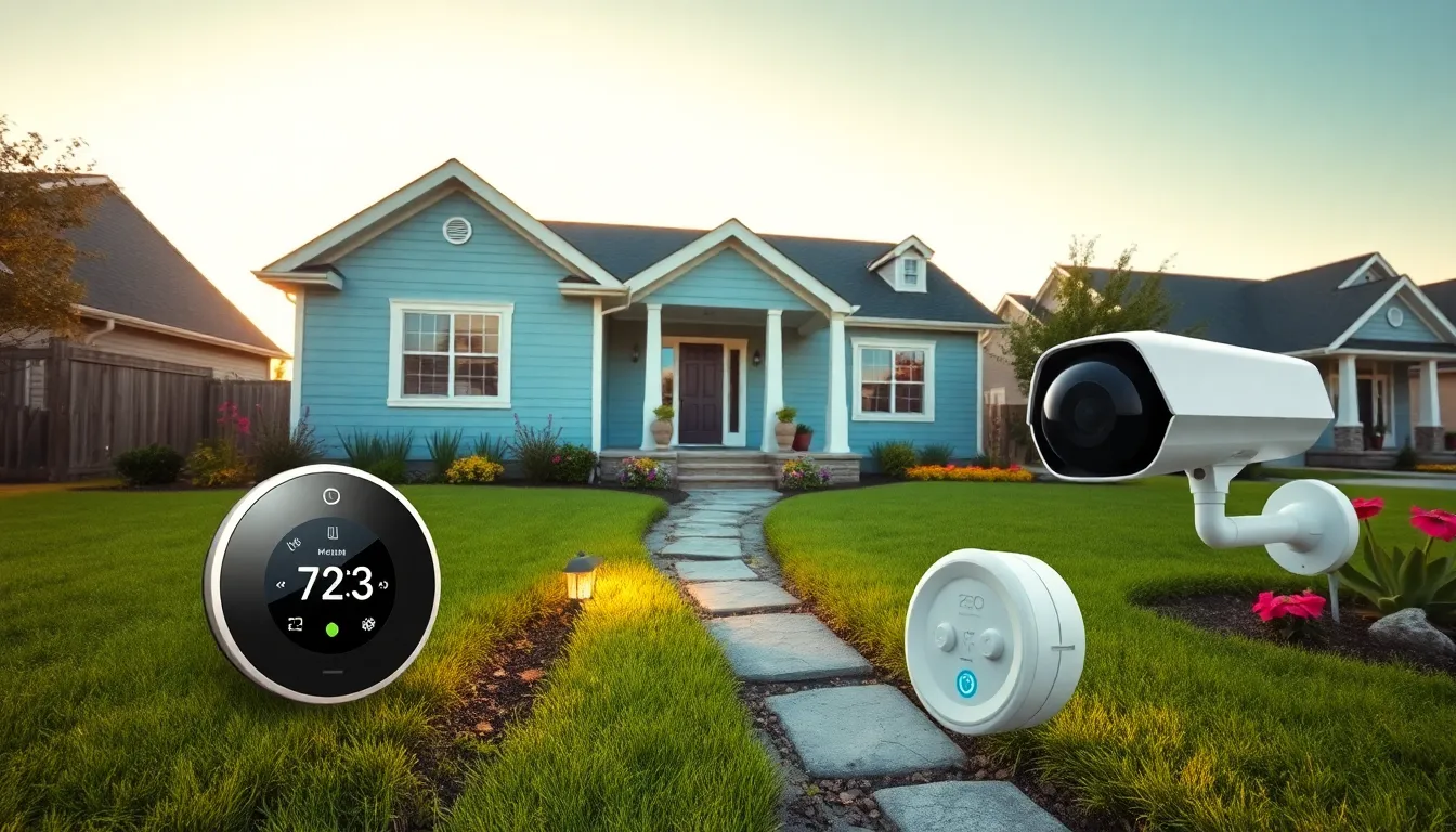 a charming home with attractive landscaping and smart features, showcasing curb appeal.