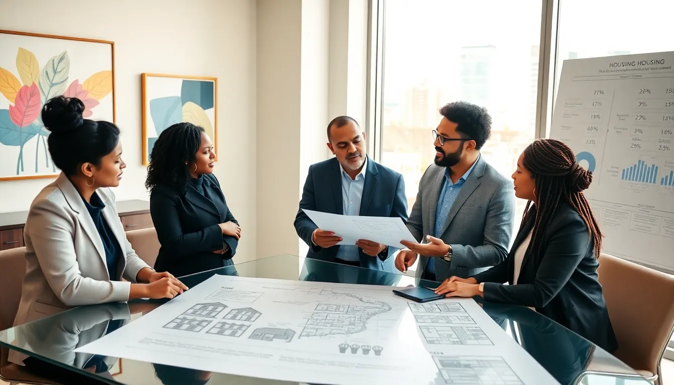 professionals discussing affordable housing plans in a modern office.