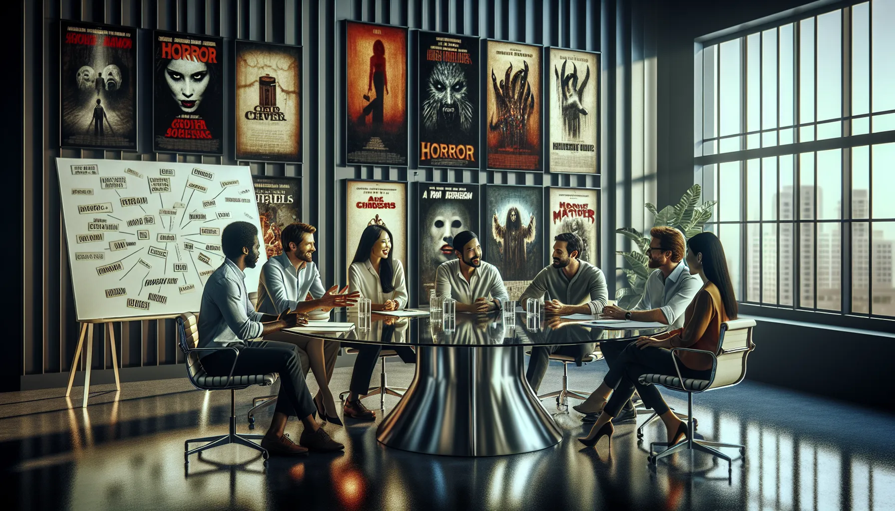 film professionals discussing horror movie titles in a modern office.