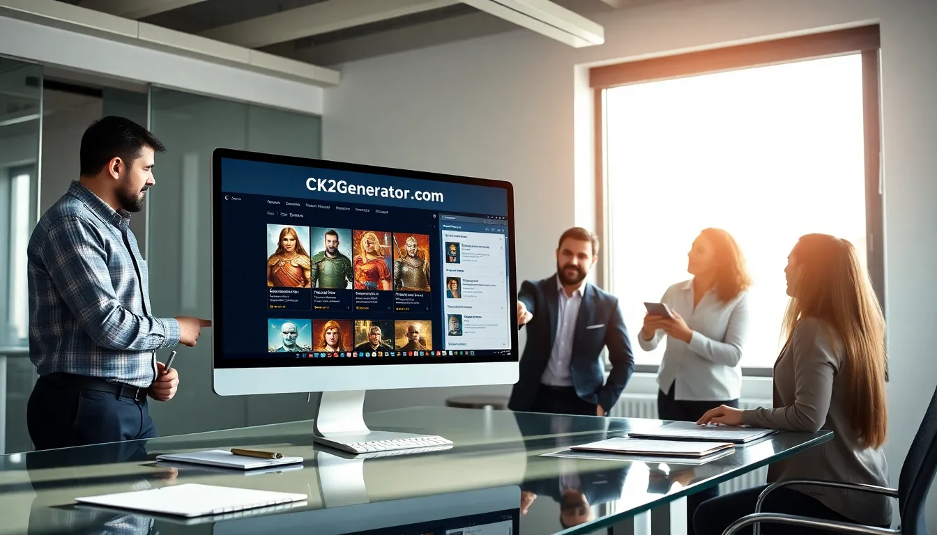 professionals collaborating over a computer displaying CK2Generator.com.