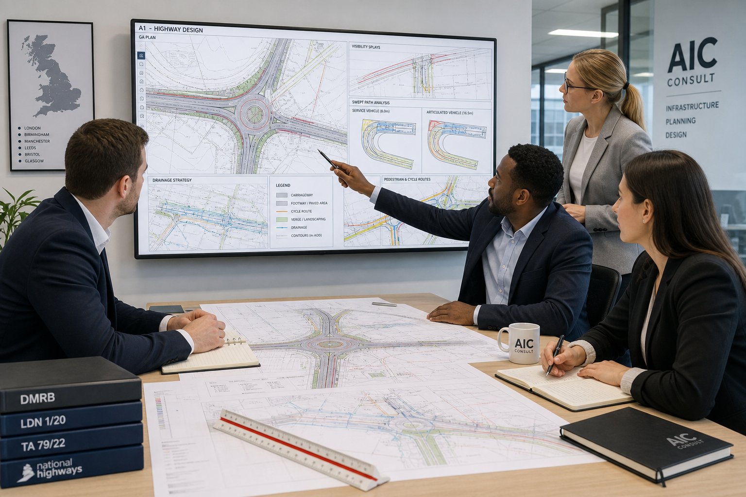 Highway design consultants reviewing junction plans and drainage layouts in a modern office.