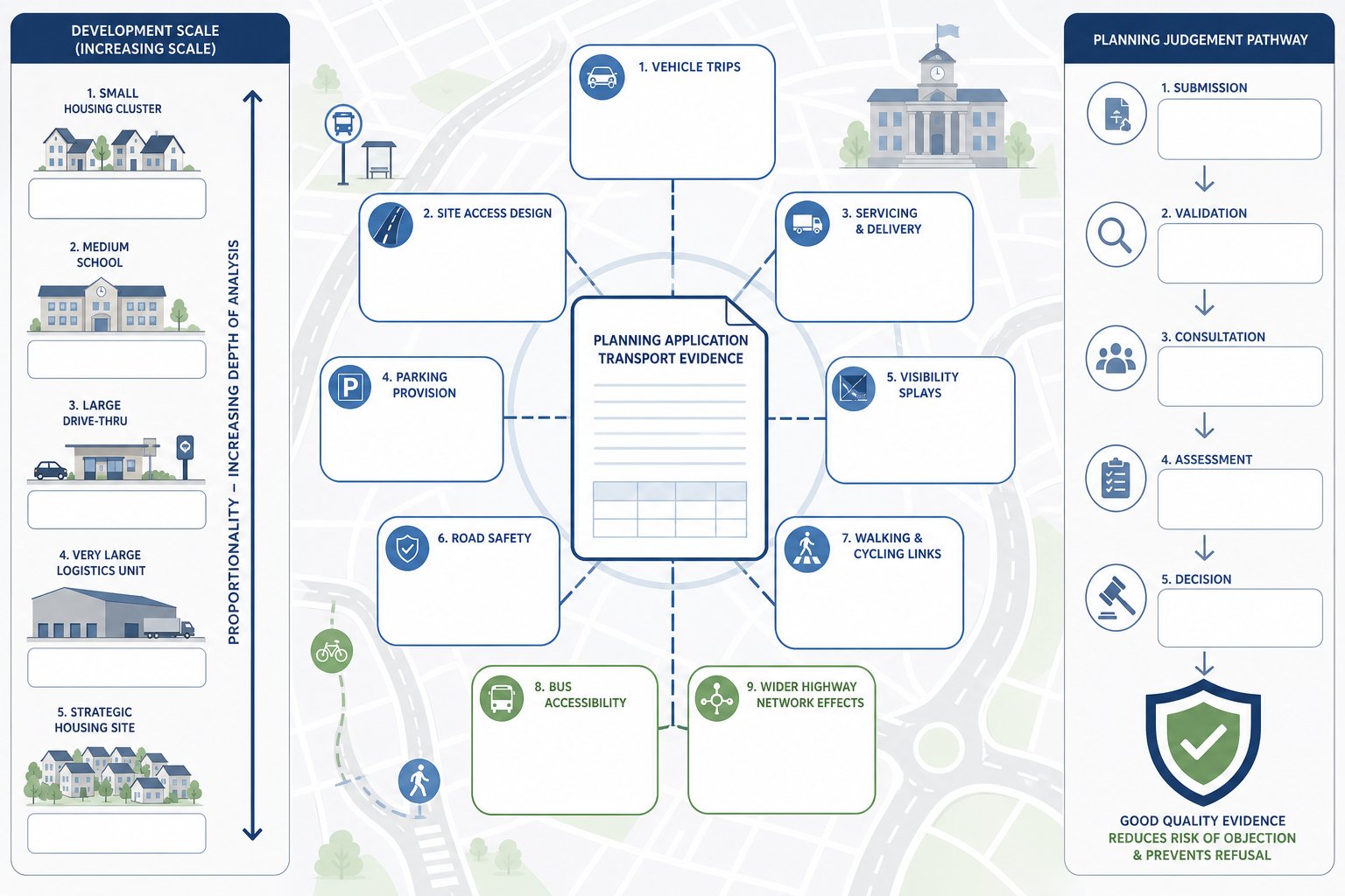 UK planning transport evidence infographic showing key topics, proportionality, and decision process.