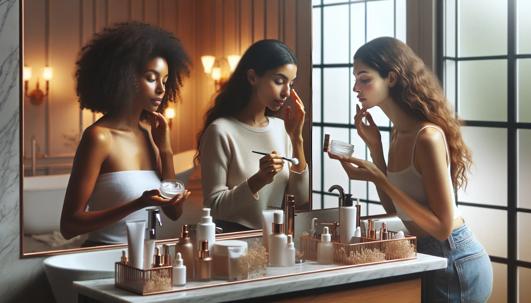 diverse women sharing personalized beauty routines at a contemporary vanity.