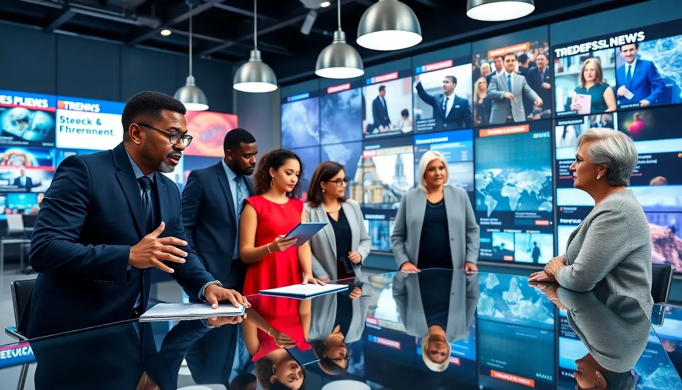 A diverse newsroom with professionals discussing modern news topics.
