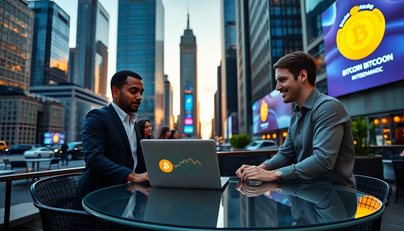 young professionals discussing Bitcoin Bitclassic in a city financial district.