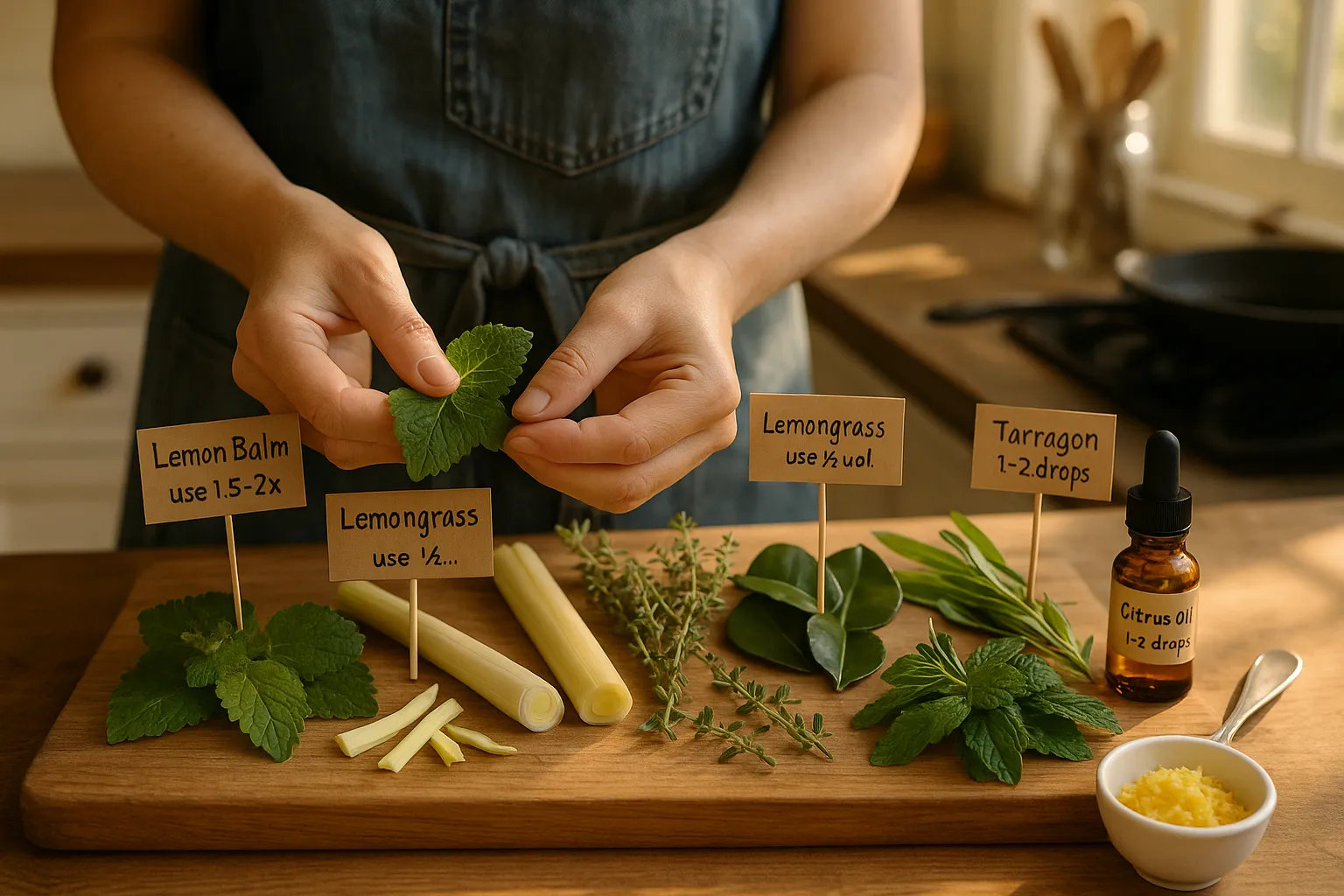hands bruising lemon balm on cutting board among herb alternatives and lemon zest