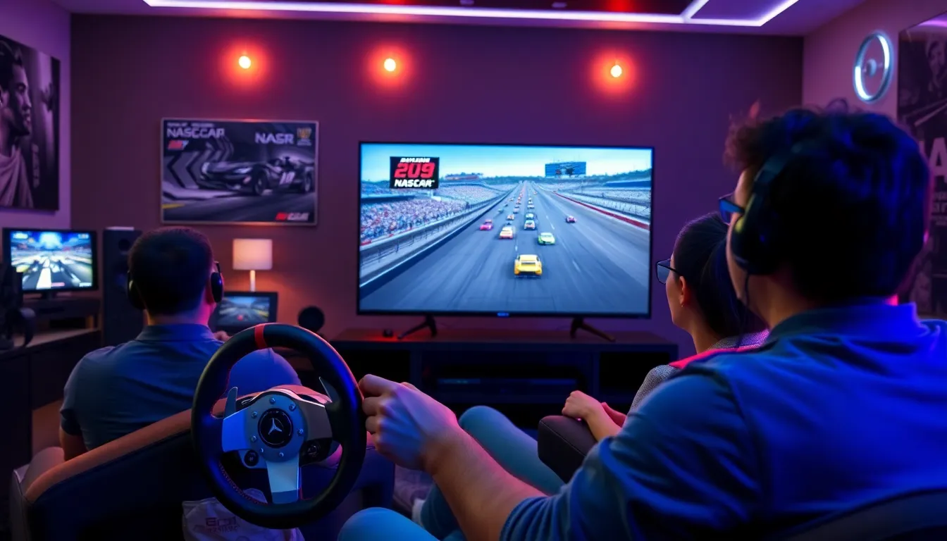 diverse players engaged in NASCAR racing game in a modern gaming setup.