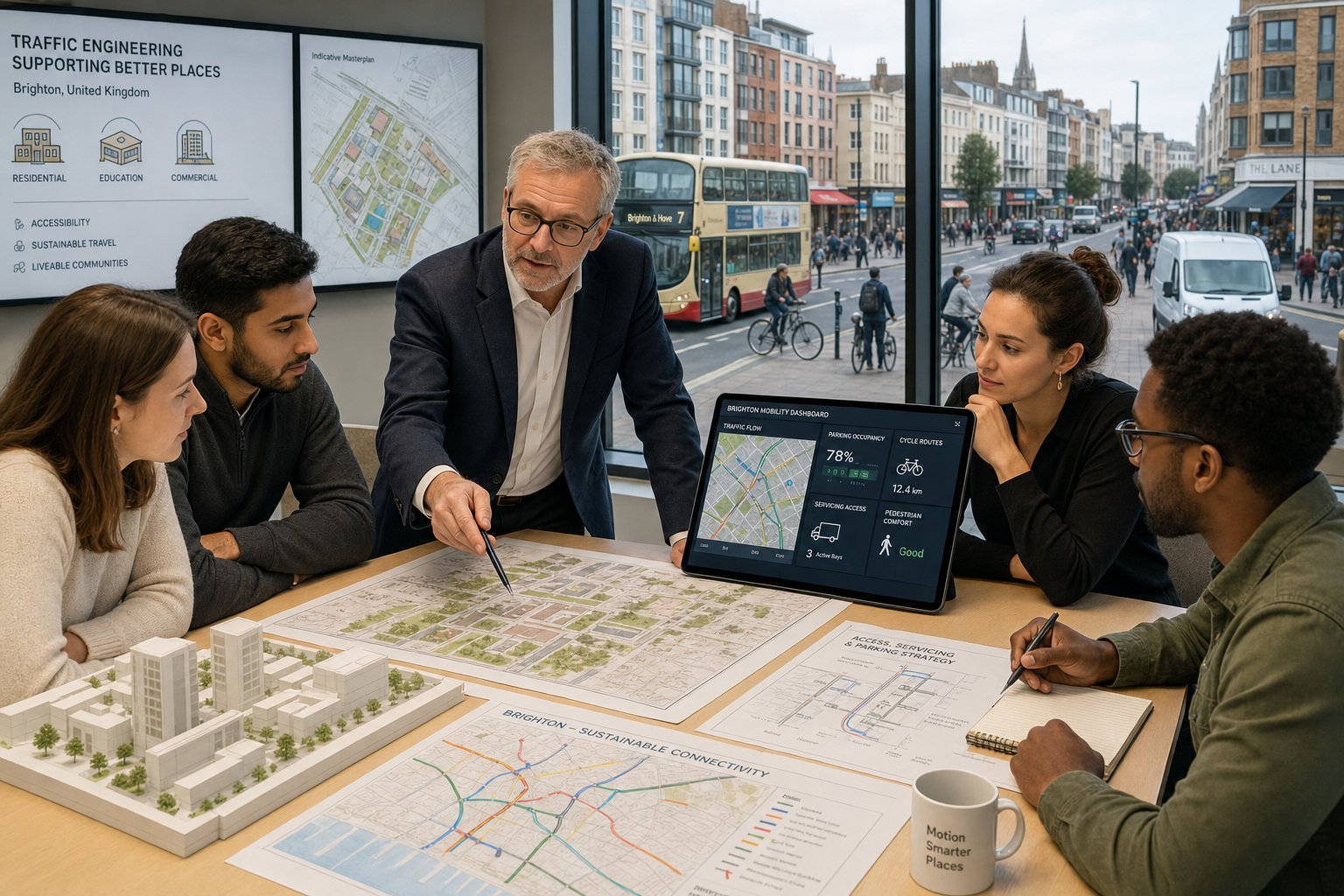 Traffic engineer reviewing Brighton development transport plans in a modern office.
