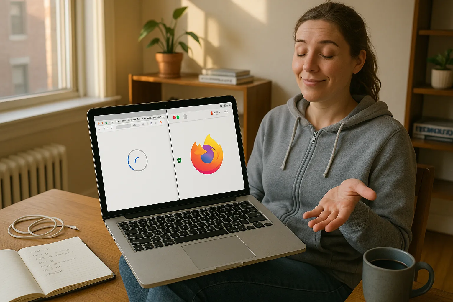 Person on an older laptop comparing Chrome and a privacy-focused browser.