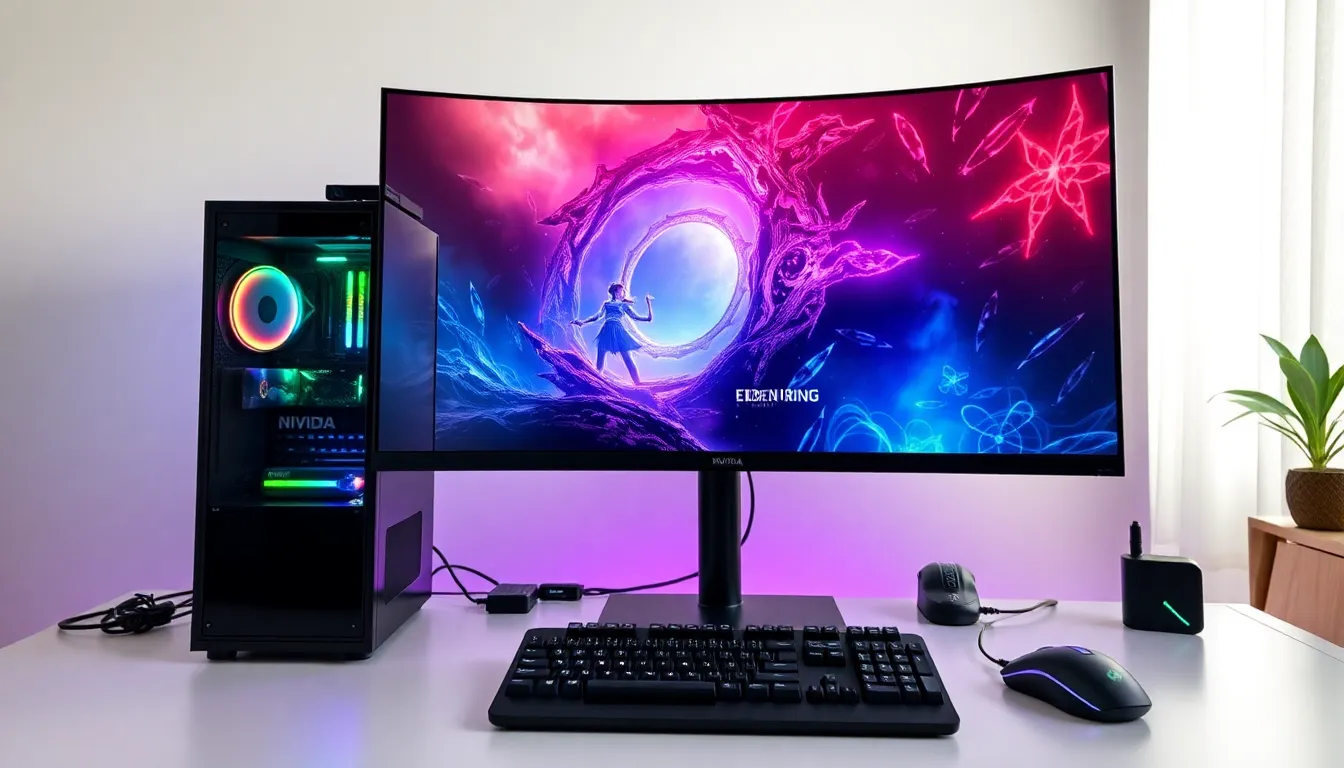 high-end gaming setup showcasing Elden Ring with DLSS technology.