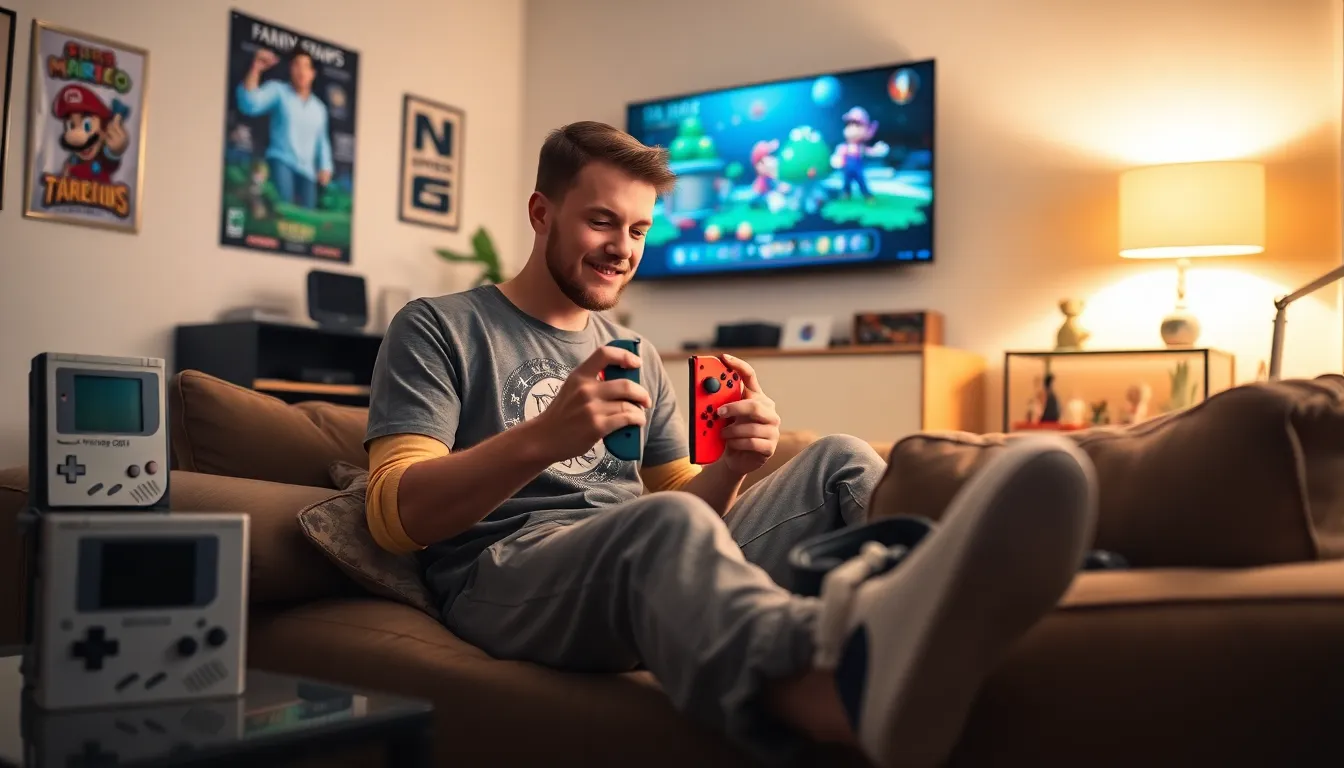 A young man playing Nintendo Switch in a cozy living room.