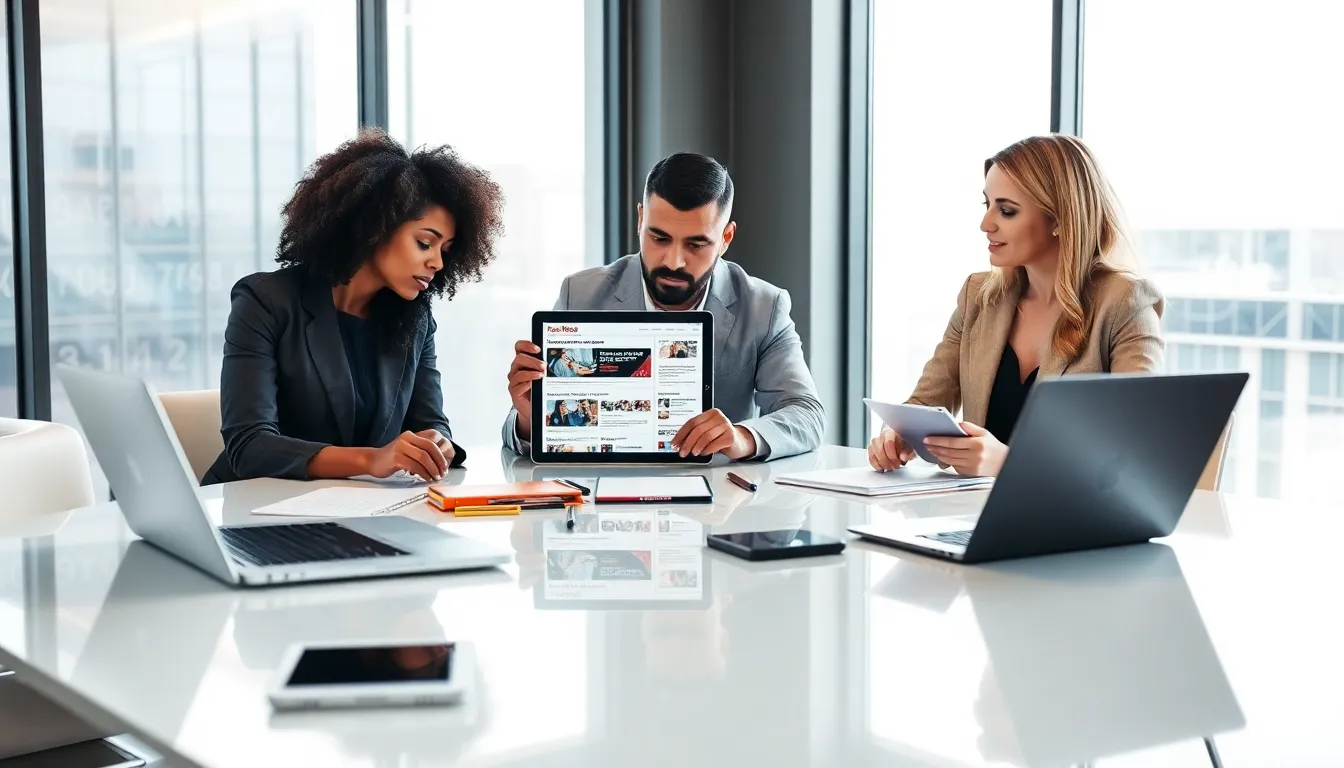 diverse team analyzing fake news in a modern office setting.