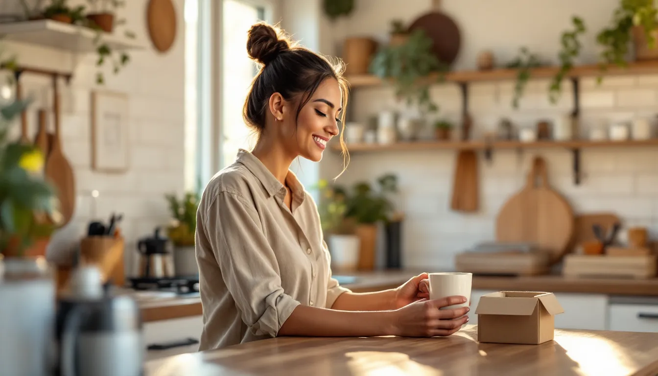 Woman clearing her kitchen counter, placing back only essential items in sunlight.