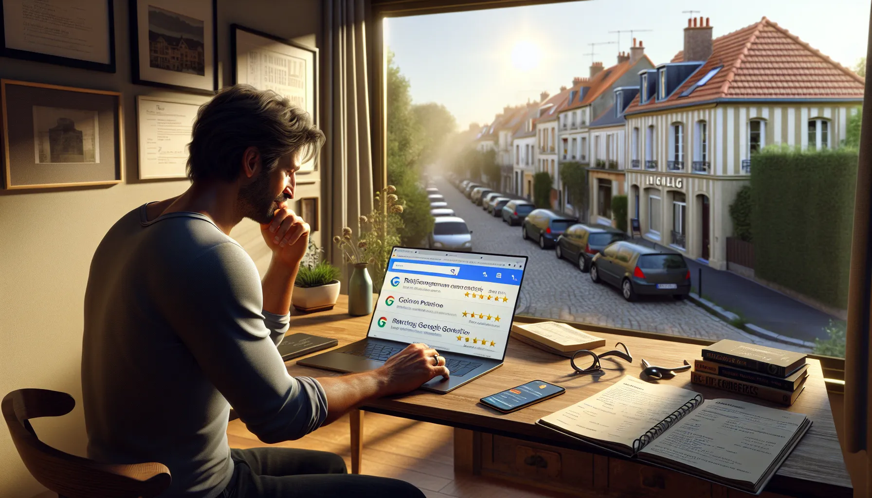 Local Gentilly business owner viewing top Google ranking with visible customer reviews.