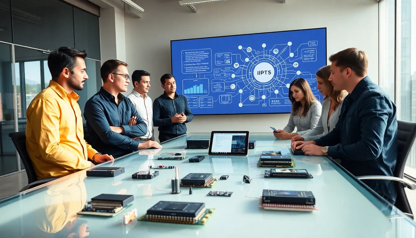 diverse engineers discussing IoT wireless modules in a modern office.