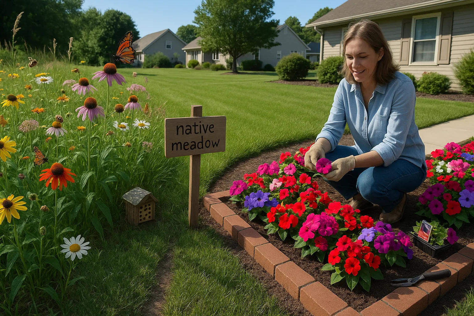 Split view: native wildflower meadow with pollinators and tidy annual flower bed being deadheaded.