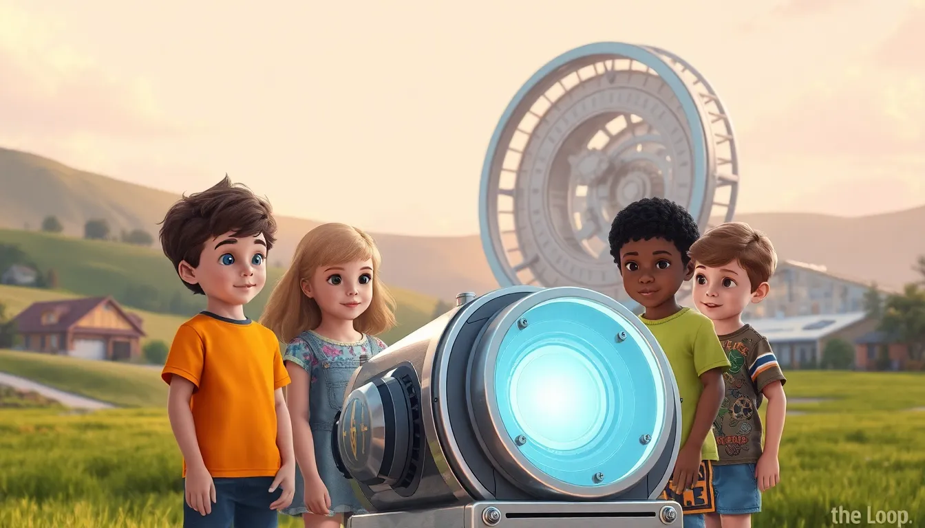 children exploring a retro-futuristic landscape inspired by a tabletop RPG.