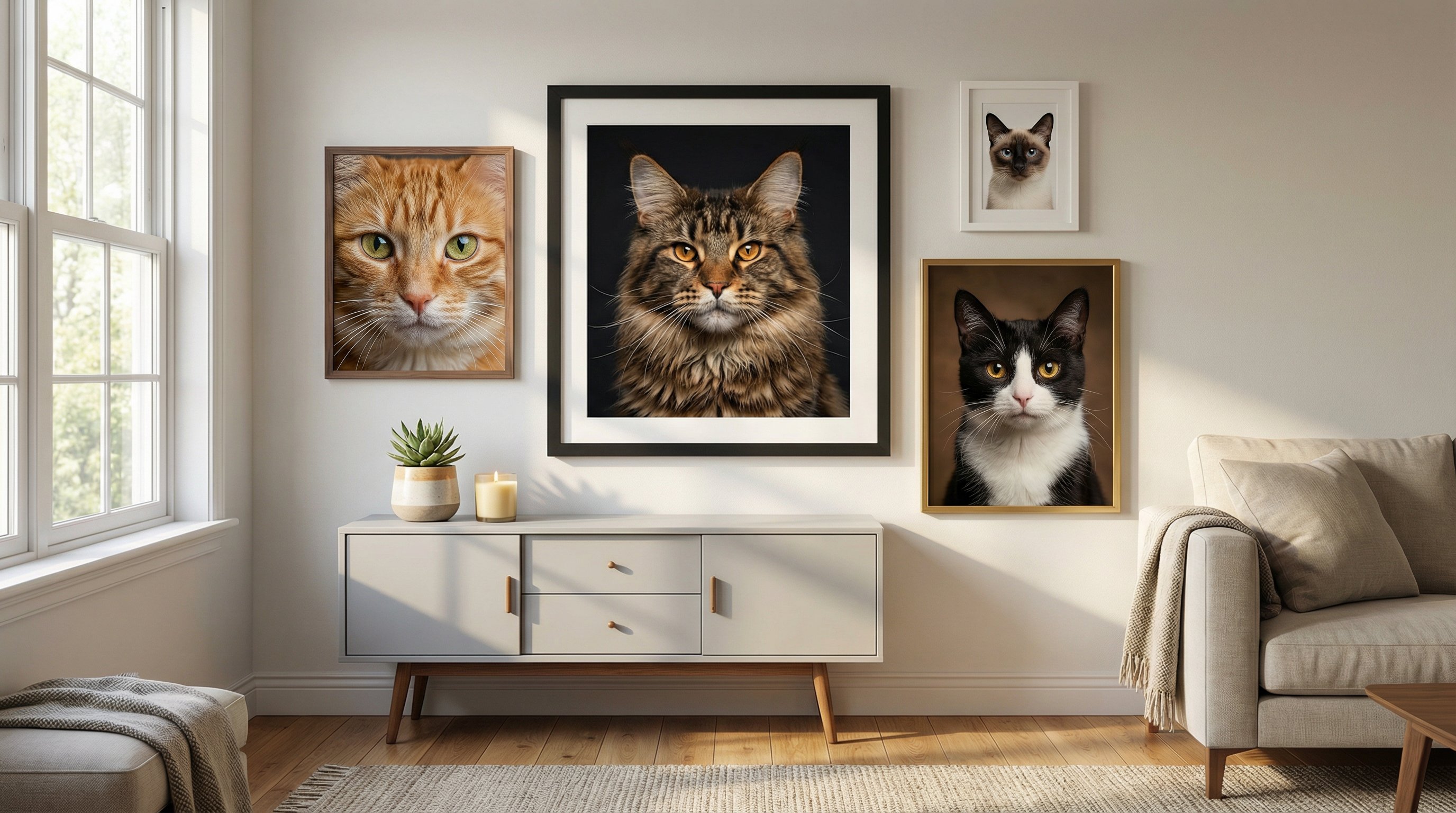 Gallery wall of framed cat portraits in various sizes in a modern living room.