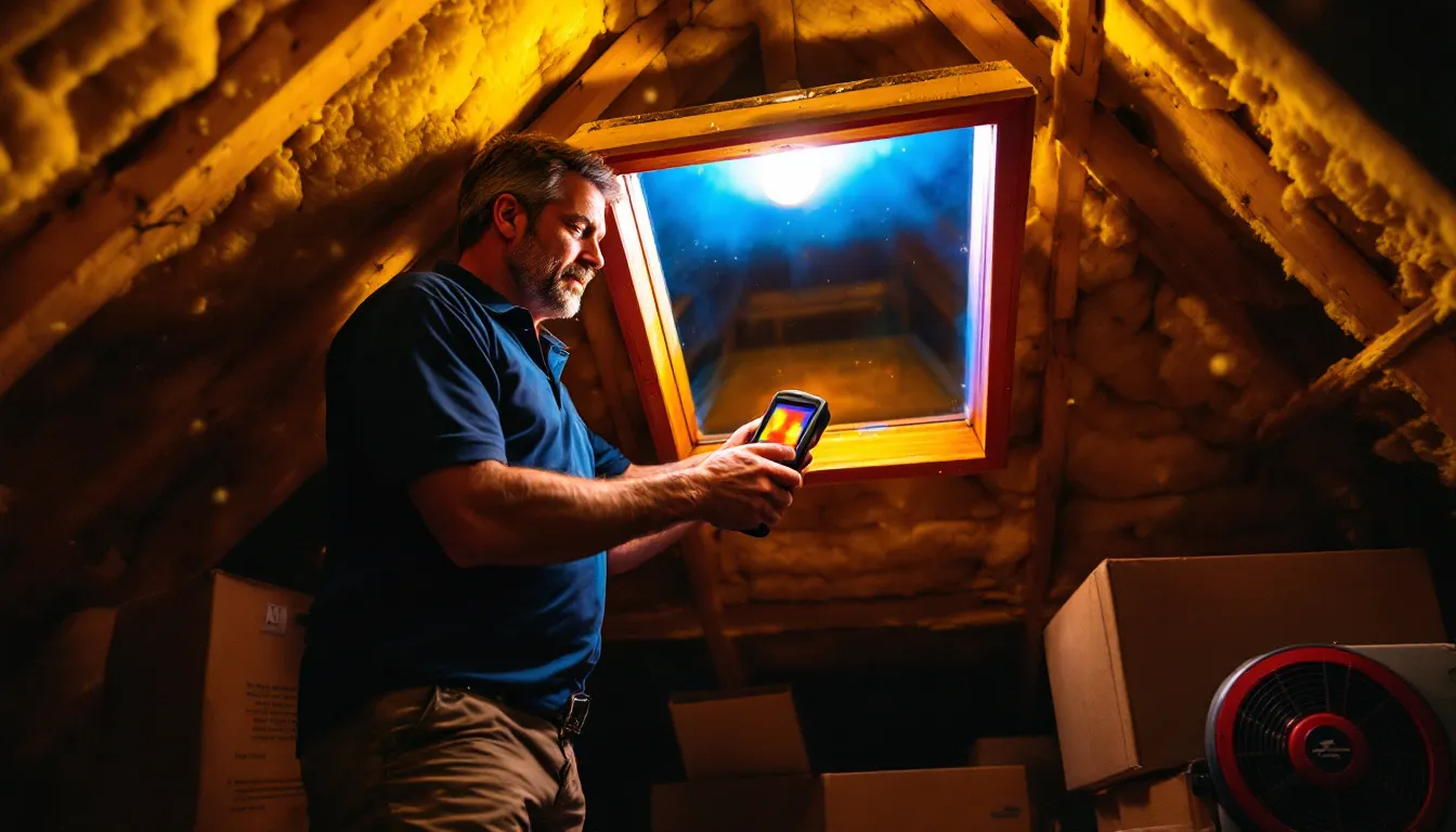 Energy auditor using a thermal imaging camera to inspect an attic hatch for heat loss.