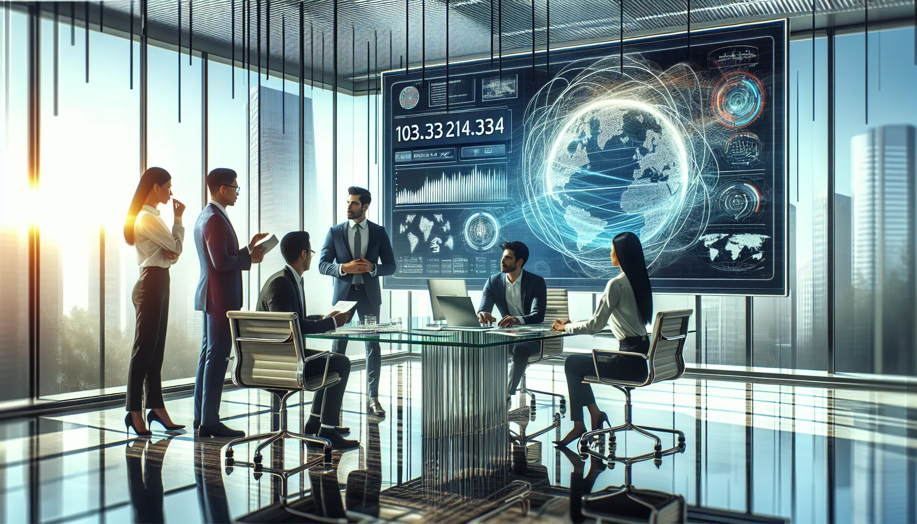 professionals discussing IP address in a modern office setting.