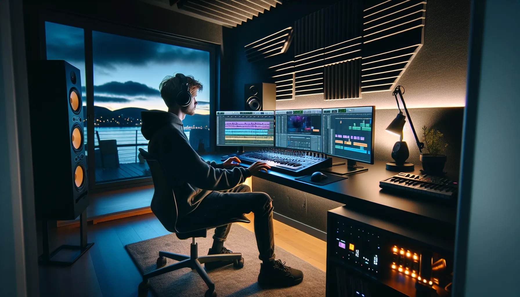 Norwegian creator synchronizing music and video on dual screens in a home studio.