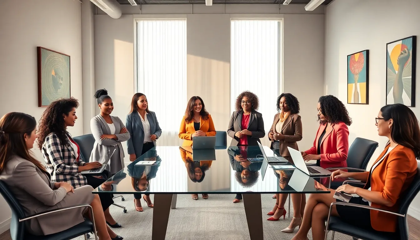 diverse women collaborating in a modern conference room.