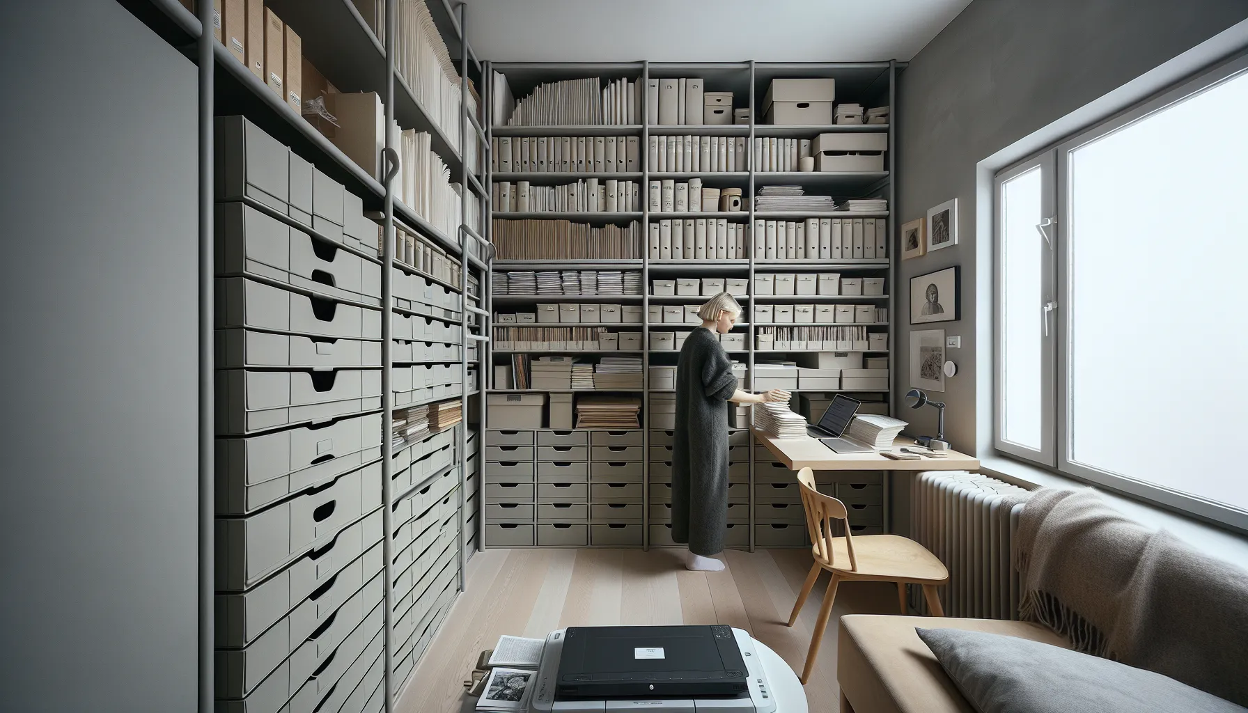 De beste tipsene for å lagre bøker og dokumenter 2 Norwegian apartment shelf with acid-free boxes, photo sleeves, and under-bed storage.