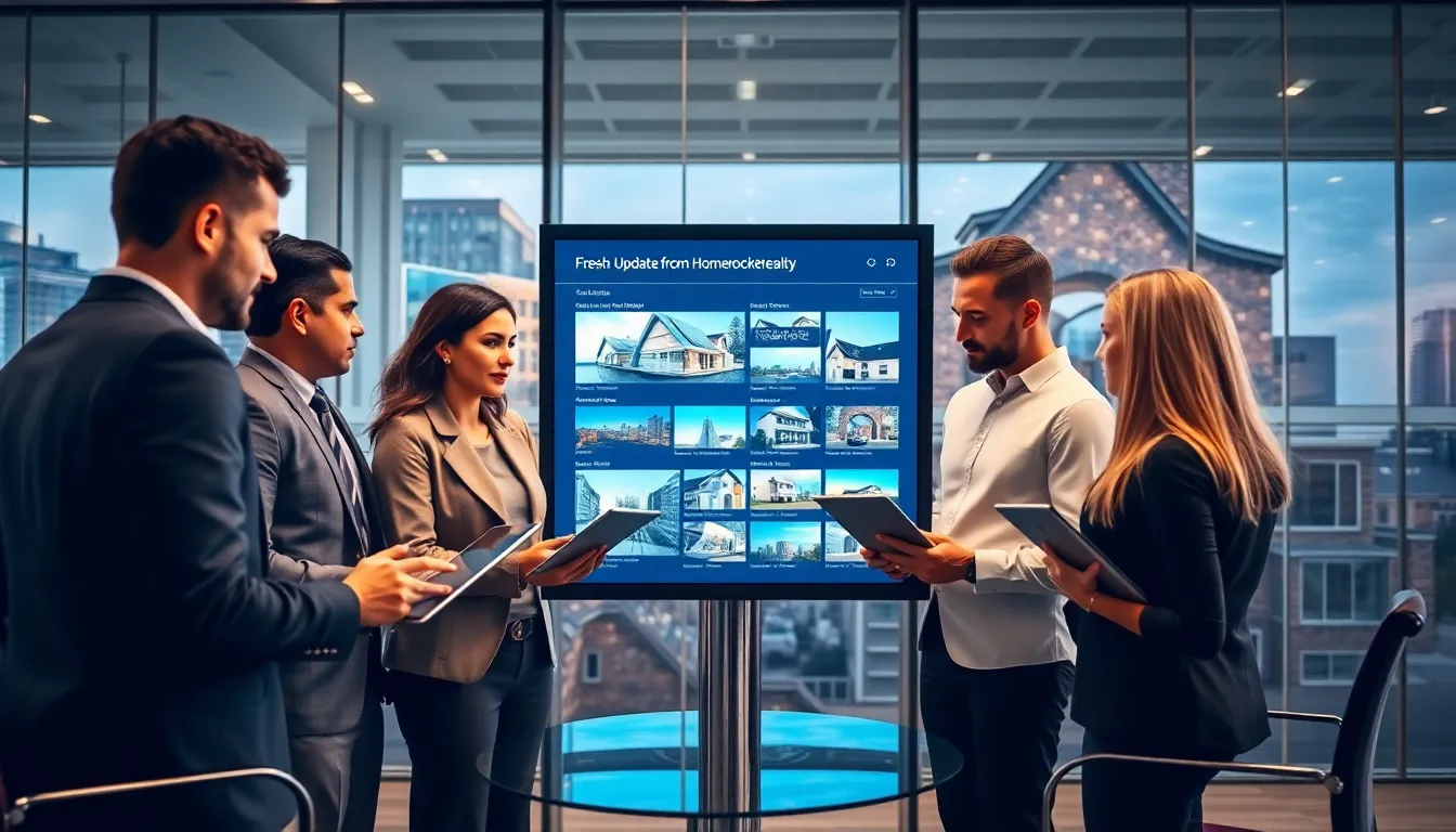diverse team discussing real estate updates in a modern office.