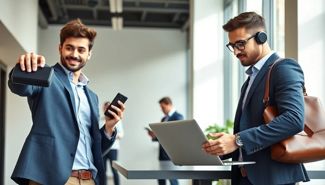 men showcasing modern tech accessories in a stylish workspace.