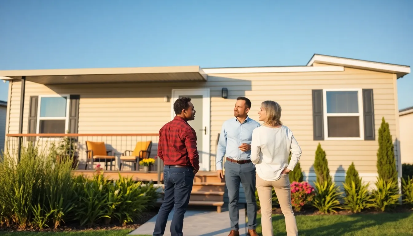 mobile home exterior with homeowners discussing improvements.