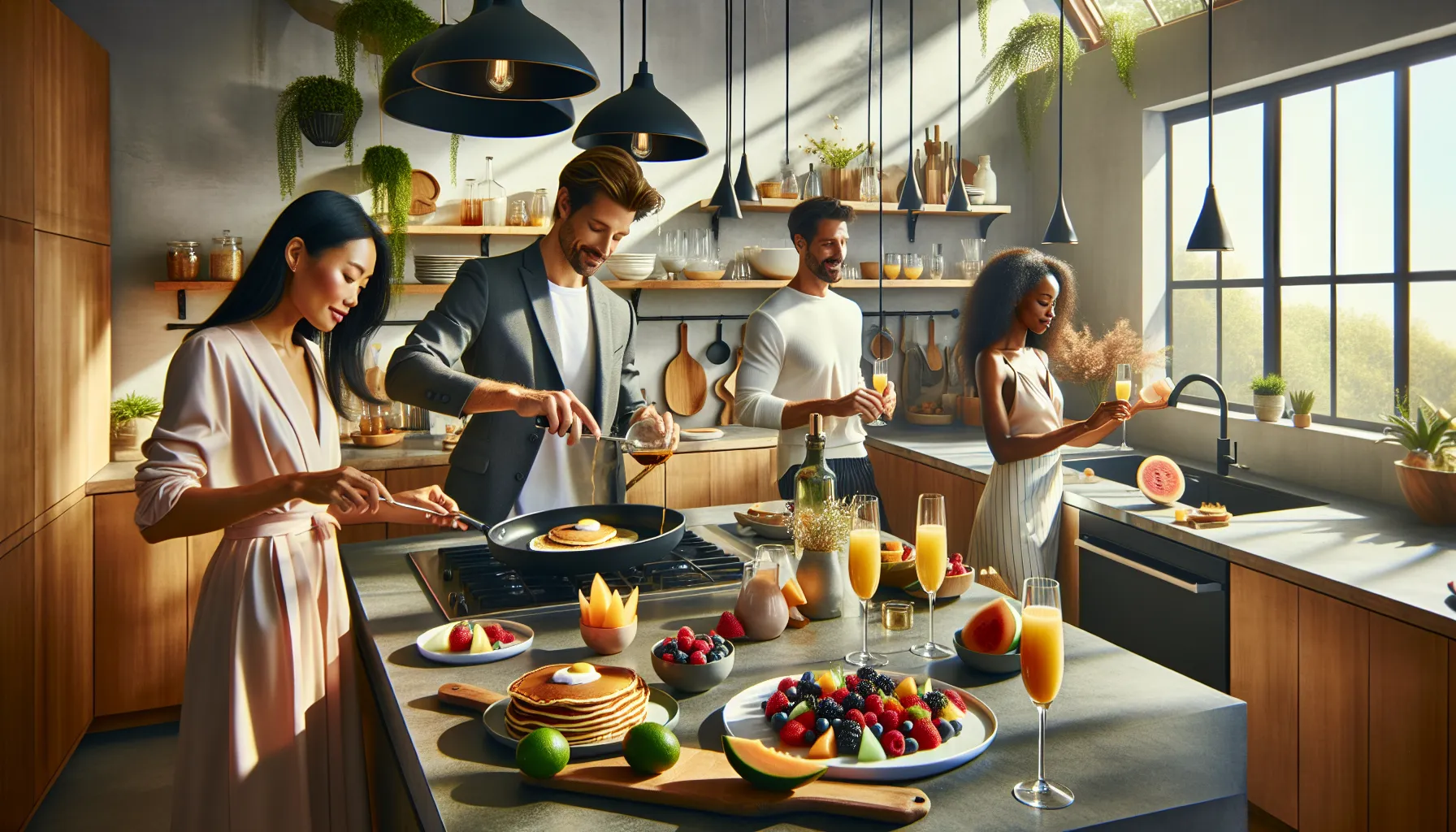 diverse group preparing a fast brunch in a modern kitchen.