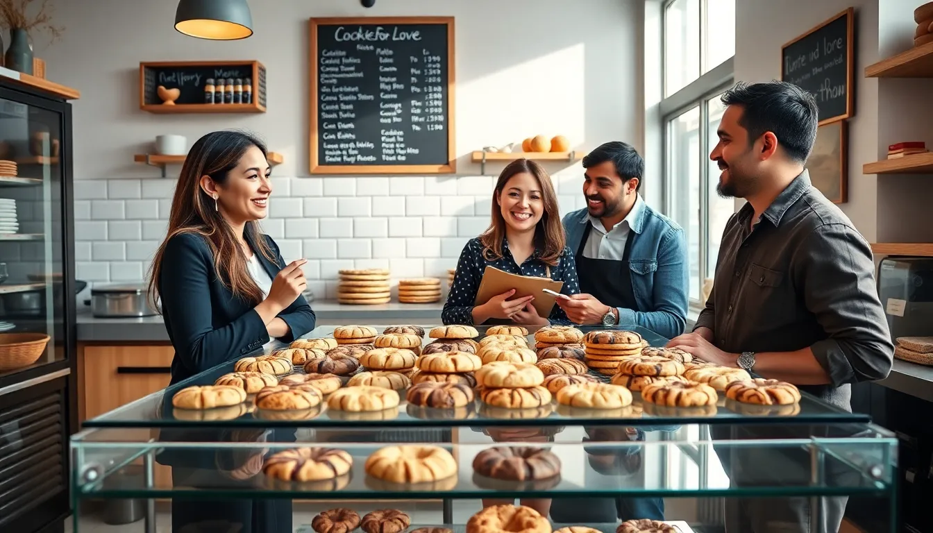 diverse group discussing cookies in a warm bakery setting.