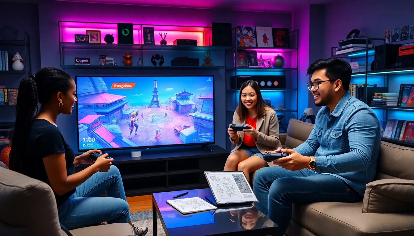 diverse group collaborating on video game design in a modern gaming room.